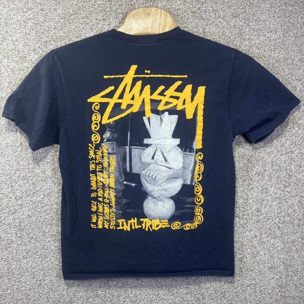 Y2K Stussy Shirt Mens Large Blue Intl Tribe Tiki Graphic Tee Streetwear Skate